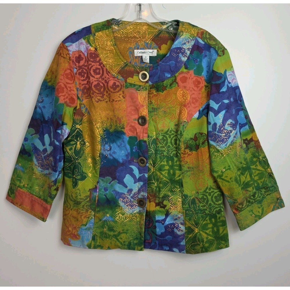 Coldwater Creek Button-Up Jacket Women's 10 Colorful Floral Pattern 3/4-Sleeves